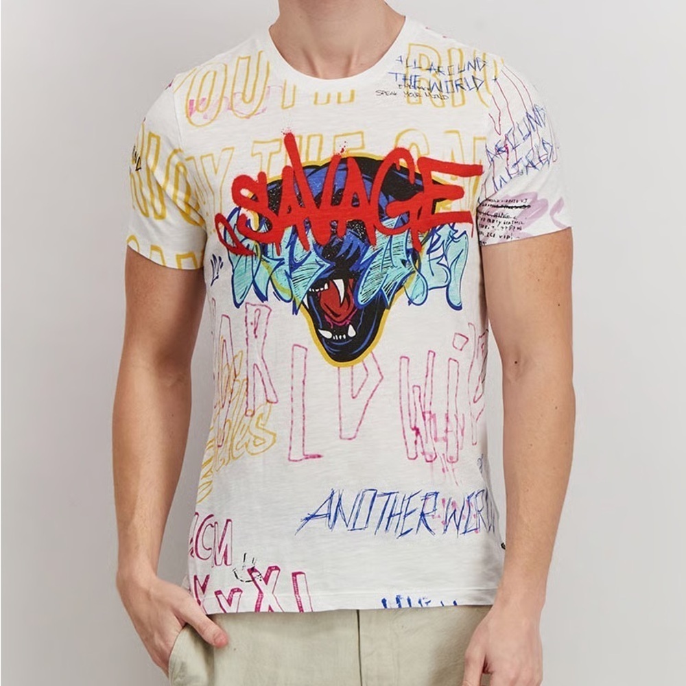 ❤️ Guess Men Crew Neck Short Sleeves Graffiti Savage Graphic White T-Shirt M